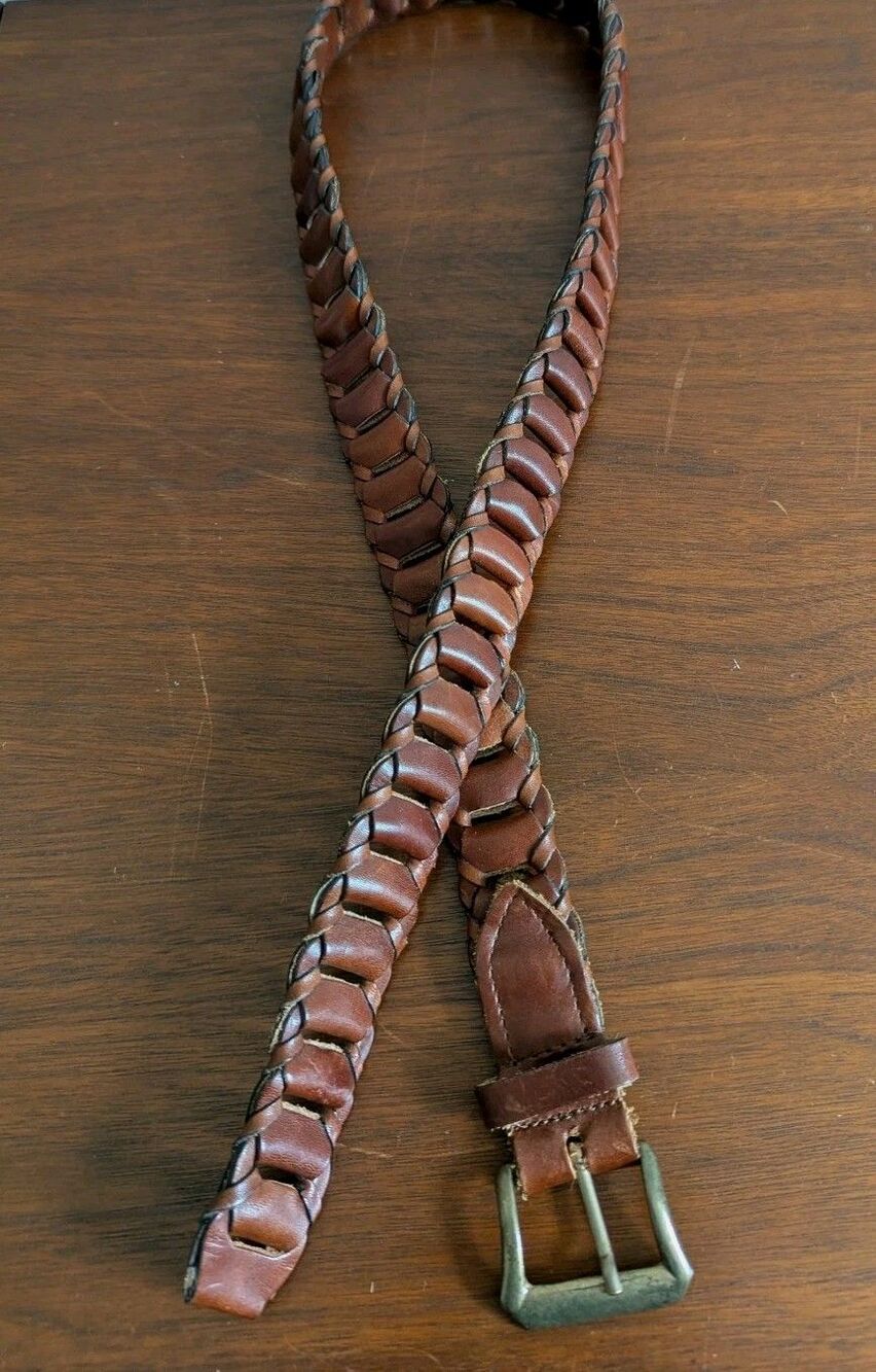 Vtg 90s Braided Ladder Box Woven Leather Belt Brown Brass Buckle Preppy Classic - Picture 3 of 10